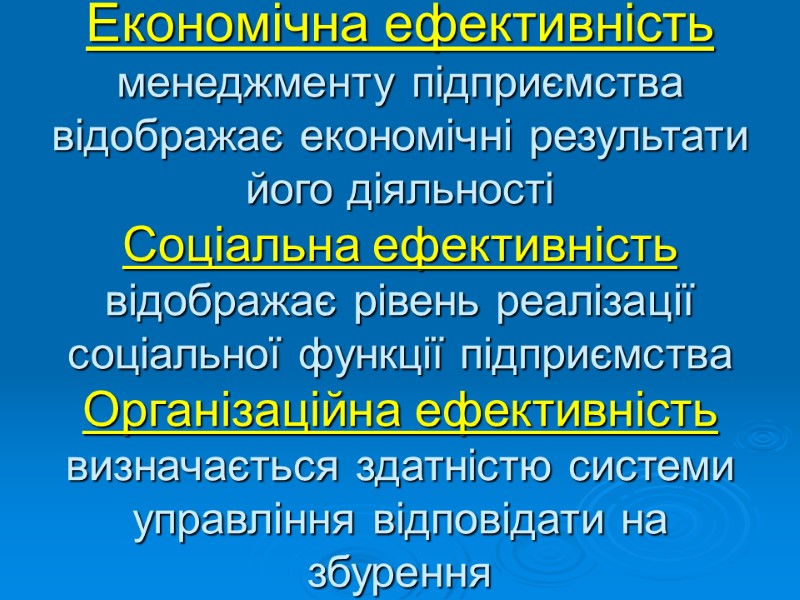 Економічна ефективність менеджменту підприємства відображає економічні результати його діяльності Соціальна ефективність відображає рівень реалізації